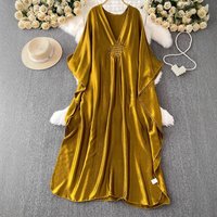 Ethnic Style V Neck Bell Sleeve Maxi Dress – Vintage Satin Dress Loose Fit & Flowy Silhouette