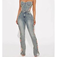 Clothing Floral Denim Flared Pants Products