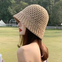 Hot Sale Fashion Designer Wide Brim Bucket Summer Straw Woven Sun Visor Hats Hollow Hat Striped Beach Cap