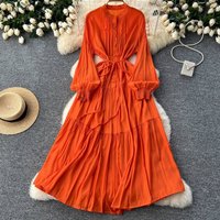 French Retro Elegant Dress Belted Waist Loose Fit Button Front Knee Length Line Shirt Dress