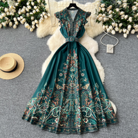 Clothing Small Flying Sleeve Tight Waist V neck Single breasted Printed Dress Vintage Long Dress
