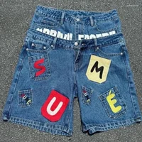 Men's Jeans Deeptown Vintage Letter Graphic Women Man Short Y2k Hip Hop Double Waisted American Style Jorts Baggy