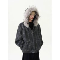 Streetwear Mountain Eagle Hooded Puffer Jacket – Oversized Tie Dye Winter Coat Faux Fur Trim Heavyweight Polyester Fill