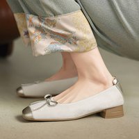 Cameido Chinese Style Single Shoes 2025 Autumn Bow Shallow Single Shoes Thick Heel Soft Sole Pailu Shoes