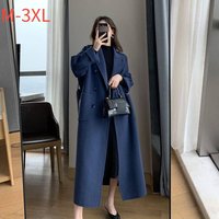 Women's Plus Size Long Wool Coat With Belt, Oversized Trench Coat For Curvy Ladies, Warm Winter Overcoat In Navy & Black