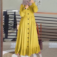 Spring Autumn Muslim Cotton Linen Literary Retro Leisure Loose Large Round Neck Ruffle Dress