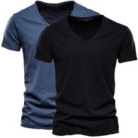 Mans Clothing 2 Pieces Summer Solid Bamboo Slotted Cotton V neck Short sleeved T shirt Pure Cotton