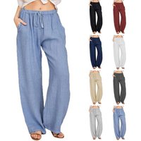 Cotton Linen Pants Casual Loose Solid Elastic Waist Pocket Straight Trousers Oversize Wide Leg Pant Streetwear