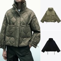 Women's spring quilted button-close cotton jacket with elastic strap and clip clip