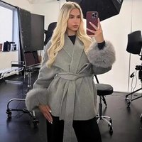 Clothing Autumn Winter Woolen Coat Short Coat Cuffs Fur V Neck Lace Up Solid