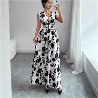 Elegant Floral Print V Neck Line Dress Tie Waist Summer Casual Long Dress