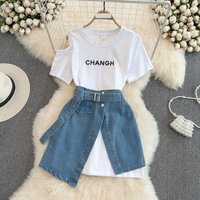 Women's Clothing round neck off-shoulder mid-length T-shirt layered short-sleeved two-piece suit high-waisted denim skirt summer