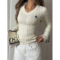 Embroidered Cable Knit V Neck Pullover Top Knit Sweater Stock