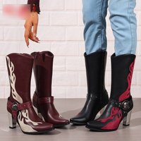 Women's Fashion Boots With Embroidery, Chunky Heel, Mid-Calf Height, Side Zipper, Black & Burgundy, Sizes 5-11
