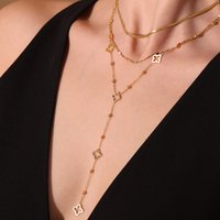 Women's Double Layer Clavicle Necklace With Tassel Fashionable Luxurious Stainless Steel 18K Gold Four Leaf Clover Accessory