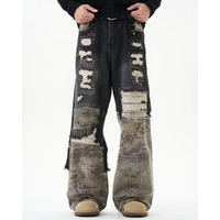Men's Clothing high street retro stitching camouflage jeans heavy wear and tear old design trendy brand loose casual trousers