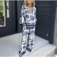 Clothing V Neck Printed Long Sleeve Pocket Casual Suit Two Piece Set