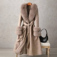 Clothing rabbit fur coat mid length fur over knee fur collar coat slim fit