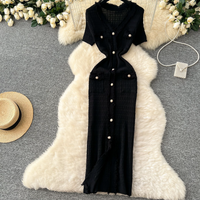 Women's Clothing Elegant Small Fragrance Style Retro V Neck Metal Single Breasted Slim Fit Temperament Hip Knitted Dress Spring