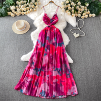 Clothing Beach Resort Style Beach Dress Feminine Design Twisted Gradient Print Waist Length Suspender Dress
