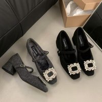 Cameido French Marie Jean Shoes 2025 Winter Water Diamond Buckle One-strap Fleece Single Shoes Gentle Women's Shoes