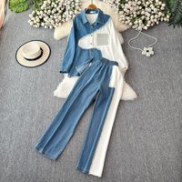 Clothing Designer Lapel Patchwork Denim Shirt Long Sleeved Top Suit High Waist Slim Matching Wide Leg Pants Two Piece Suit