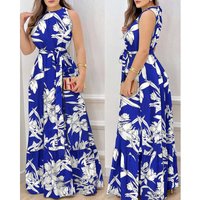Fashion Printed Round Neck Lace up Mid length Sleeveless Dress