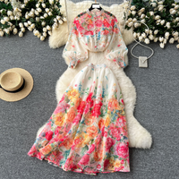 clothing two piece suit ladylike temperament lantern sleeve button down slim fitting top high waist printed mesh skirt