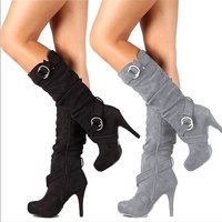SHLIANG Sexy Knee High Boots Thin High Heel Round Toe Platform Fashion Leather Boots Shoes SB201