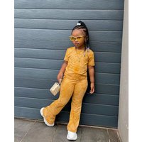 M8025 European and American Foreign Trade 2023 New Instagram Style Children’s Clothing Girl’s Gold Veet Short Sleeve Set