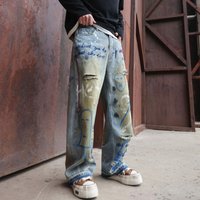 Clothing American Vibe Dirty Old Graffiti Wide Leg Jeans Personality Ripped Handsome Straight Casual Pants