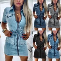 factory direct sale cross border lace up waist short sleeve zipper sexy pocket slim fit denim dress