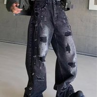 Vintage Washed Distressed Denim Jeans Loose Fit Straight Leg Baggy Trousers Patch Details