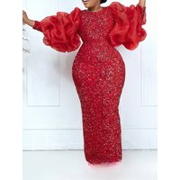 Clothing high end puff sleeve sequin embroidery high waist temperament dress evening dress