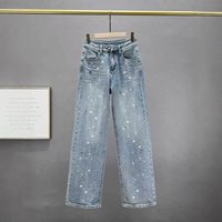 High Waisted Wide Leg Jeans – Vintage Denim Pants Rhinestone Details Relaxed Fit & Long Hemline