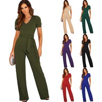 Clothing Strap Waist Wrapped Jumpsuit Solid V neck Short Sleeve Wide Leg Pants