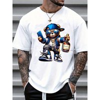100% Pure Cotton Men's Summer Fashion Short Sleeved Cartoon Bear Printed Casual Slim Fit Versatile T-shirt Top