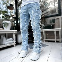 Denim Straight Pants European American Street Fashion Ins Popular Stretch Patch Denim Straight Pants