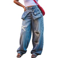 2027 Fashion European USA Style Street Hip Hop Jeans Cotton Mid Waist Waist Overlay Design Broken Hole Wide Leg Straight Type Denim Pants S