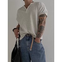 2025d Henry Collar Waffle Short Sleeve T-Shirt For Men Summer American Style Simple Base Shirt Lightweight Breathable Side
