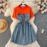 clothing design sense two piece short sleeved T shirt contrast stitching retro big pocket denim dress trend
