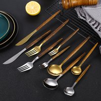 Stainless Steel Cutlery Set - Wood-Look Handle Knife Fork Spoon (Portuguese Western Dining Utensils Elegant Gift Box)