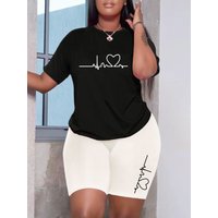 Women's Clothing Love Print fashion ECG short sleeve T-shirt + shorts casual suit