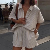 Clothing Striped Short Sleeved Shirt Shorts Suit Loose Single Breasted Top High Waist Shorts Two Piece Suit