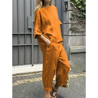 2025 Summer 2 Piece Set Plus Cotton Linen Shirt Suit High Waist Loose Long Pants