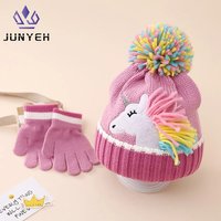 Caps Cartoon Unicorn Knitted Hat Gloves Winter Warm Beanie Mitten Set