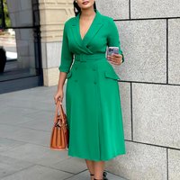 Clothing fashion temperament double breasted suit collar solid dress medium length dress