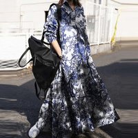 casual Plus clothing printed cotton linen dress retro ethnic style clothes loose long sleeved skirt