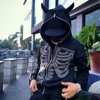 Clothing Street Trend Devil Horns Sternum Hot Diamond Personalized Zipper Hooded Loose Sweatshirt