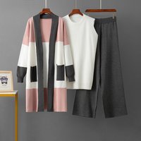 plus Size Fashion Casual Suit Set European American Style mid Length Sweater Crew Neck Vest Loose Wide Leg Pants Three Piece Women's Clothing